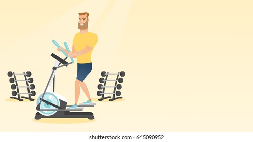 Caucasian man exercising on elliptical trainer. Man working out using elliptical trainer in the gym. Man doing exercises on elliptical trainer. Vector flat design illustration. Horizontal layout.