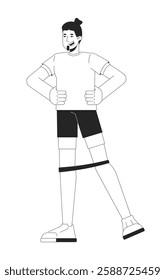 Caucasian man exercising with resistance band around knees black and white 2D line character. Lower body workout. Personal trainer isolated vector outline person. Monochromatic spot illustration