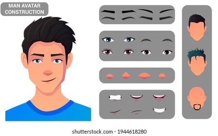 Caucasian Man Face Construction And Character Creation Set. Hair, Eyes, Lips, and Head Pack for Avatar Creation Vector file.