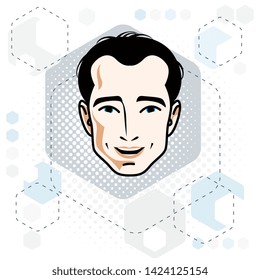 Caucasian man face expressing positive emotions, vector human head illustration. 