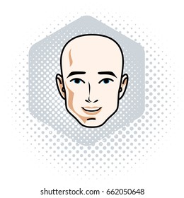 Caucasian man face expressing positive emotions, vector human head illustration. 