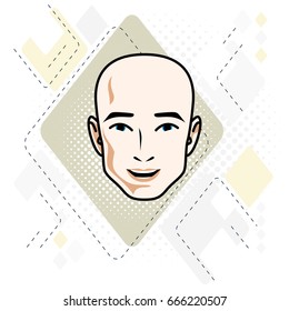 Caucasian man face expressing positive emotions, vector human head illustration. 