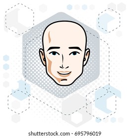 Caucasian man face expressing positive emotions, vector human head illustration. 