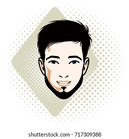 Caucasian man face expressing positive emotions, vector human head illustration. Attractive bearded male with stylish haircut.