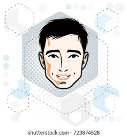 Caucasian man face expressing positive emotions, vector human head illustration. 