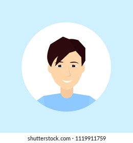 caucasian man face happy portrait on blue background, male avatar flat vector illustration