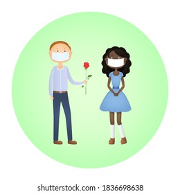 Caucasian man in face mask give African woman a rose. Valentines day 2021. Vector icon.