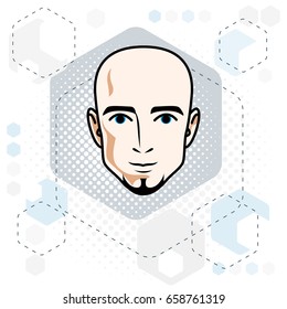 Caucasian man face, vector human head illustration. Attractive hairless male with beard, hipster