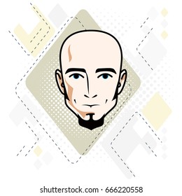Cara caucásica, ilustración de la cabeza humana vectorial. Atractivo macho sin pelo con barba, hipster