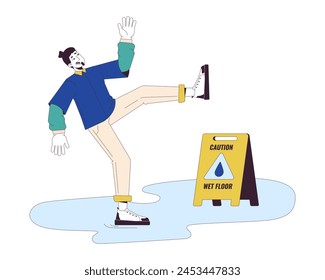 Caucasian man falling on wet floor line cartoon flat illustration. Carefree male slipping on puddle 2D lineart character isolated on white background. Dangerous situation scene vector color image