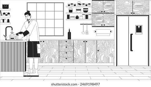 Caucasian man filling bottle with water at home black and white line illustration. European guy with reusable flask 2D character monochrome background. Consumption outline scene vector image