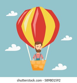 Caucasian man flying in a hot air balloon. Man standing in the basket of hot air balloon. Man traveling in hot air balloon. Man riding a hot air balloon. Vector flat design illustration. Square layout