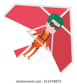 Caucasian man flying on hang-glider. Sportsman taking part in hang gliding competitions. Man having fun while gliding on hang-glider. Vector flat design illustration isolated on white background.