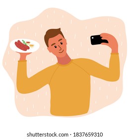 Caucasian man food blogger making photo selfie with with two sausages and mustard and ketchup sauces and rosemary for blog. Cute boy with smartphone camera. Social media Vector cartoon illustration