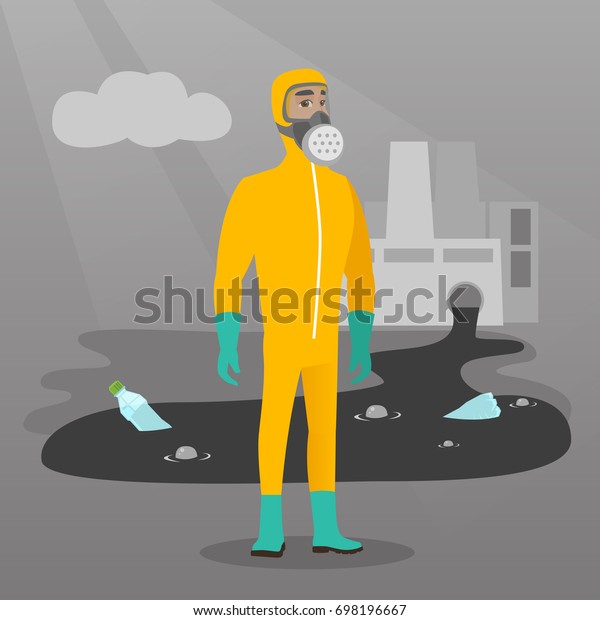 原発の背景にガスマスクと放射線防護服を着た白人の男性 放射線防護服を着た科学者 ベクターフラットデザインイラスト 正方形のレイアウト のベクター画像素材 ロイヤリティフリー