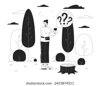 Caucasian man getting lost in forest black and white cartoon flat illustration. Scared male seeking way out 2D lineart character isolated. Dangerous situation monochrome scene vector outline image