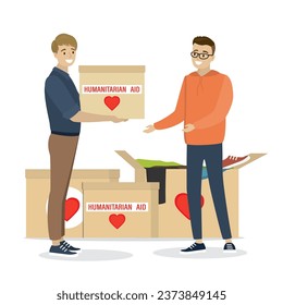 Un hombre caucásico entrega una caja de voluntarios de ayuda humanitaria. Donación de caridad, concepto filantrópico. Cosas de segunda mano. Varias ropas viejas en una caja de cartón. Apoyo y ayuda. Ilustración vectorial plana