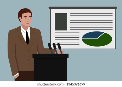 Caucasian man giving presentation. Vector illustration.
