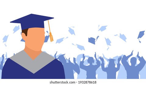 Caucasian man graduate in mantle and academic square cap on background of cheerful crowd of graduates throwing their academic square caps. Graduation ceremony. Vector illustration