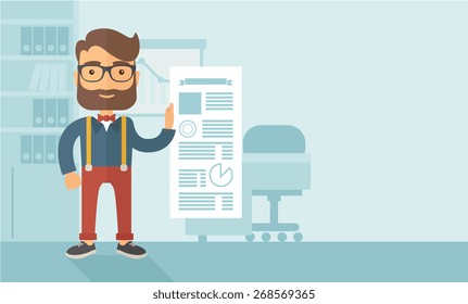 A Caucasian man happy standing inside his office  showing his complete paper works report on time. Achievemnet concept. A contemporary style with pastel palette, soft blue tinted background. Vector