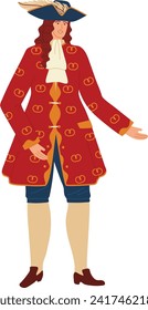 Caucasian man in historical costume with tricorne hat. 18th century gentleman, red coat, breeches, elegant. Retro fashion and period clothing vector illustration.