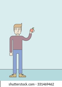 A caucasian man holding an apple in rised hand. Vector line design illustration. Lifestyle concept. Vertical layout with a text space for a social media post.