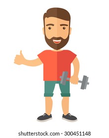 A caucasian man holding dumbells and showing his approve finger sign. A Contemporary style. Vector flat design illustration isolated white background. Vertical layout.