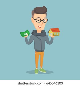 Caucasian man holding money and model of house. Happy man having loan for house. Cheerful man got loan for buying a new house. Real estate loan concept. Vector flat design illustration. Square layout.