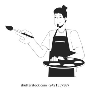 Caucasian man holding paintbrush, art palette black and white 2D line cartoon character. Bearded male artist painter isolated vector outline person. Painting tools monochromatic flat spot illustration