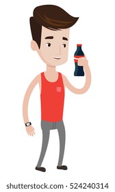 Caucasian man holding soda beverage in bottle. Smiling young man standing with bottle of soda. Cheerful man drinking soda from bottle. Vector flat design illustration isolated on white background.