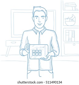 Caucasian man holding tablet computer with remote home control system on screen. Man showing tablet computer with smart home app on a screen. Hand drawn vector sketch illustration on white background.
