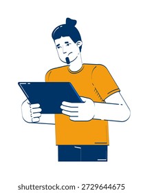 Hombre caucásico que sostiene la tableta con el carácter del garabato de la preocupación 2D. Mirando noticias estresantes. Hombre preocupado que lee el dibujo del Vector de la persona de la historieta del gadget aislado en blanco. Dibujado a mano ilustración colorida