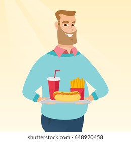 Caucasian man holding a tray with fast food. Young man having lunch in a fast food restaurant. Happy man with fast food. Unhealthy nutrition concept. Vector flat design illustration. Square layout.