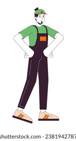 Caucasian man house mover in overalls 2D linear cartoon character. European male handyman in power pose isolated line vector person white background. Determined guy color flat spot illustration