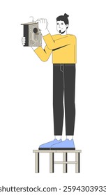 Caucasian man installing wooden birdhouse 2D cartoon character. DIY projects, wildlife conservation, home for birds. Male woodworker flat vector person isolated on white. Spot illustration colorful