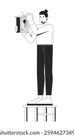 Caucasian man installing wooden birdhouse 2D line character. DIY projects, wildlife conservation, home for birds. Male woodworker isolated vector ink outline person. Monochromatic spot illustration