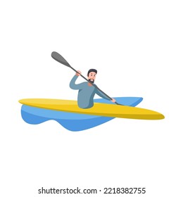 Caucasian man kayaking with paddle on white background. Male character in kayak, water sport cartoon vector illustration. Summer leisure, recreational ocean outdoor activities concept