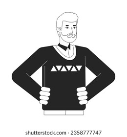 Caucasian man keeps hands on waist flat line black white vector character. Editable outline full body person with blonde beard. Simple cartoon isolated spot illustration for web graphic design