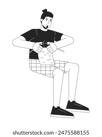 Caucasian man knitting black and white 2D line cartoon character. Relaxing leisure. Happy european male knitter isolated vector outline person. Dressmaking hobby monochromatic flat spot illustration