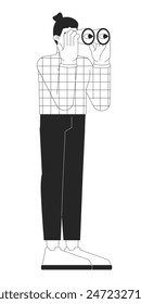Caucasian man looking in binoculars black and white 2D line cartoon character. European male researcher with tool isolated vector outline person. Surveillance monochromatic flat spot illustration