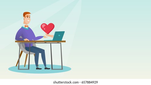 Caucasian man looking for online date on the internet. Man using a laptop and dating online. Man dating online and getting a virtual love message. Vector flat design illustration. Horizontal layout.
