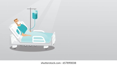 Caucasian man lying in hospital bed with an oxygen mask. Man during medical procedure with a drop counter. Patient recovering in bed in a hospital. Vector flat design illustration. Horizontal layout.