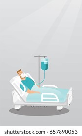 Caucasian man lying in hospital bed with an oxygen mask. Man during medical procedure with a drop counter. Patient recovering in bed in a hospital. Vector flat design illustration. Vertical layout.