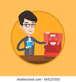 Caucasian man making beverage with a coffee-machine. Man holding cup of coffee in hand. Young man standing beside a coffee machine. Vector flat design illustration in the circle isolated on background