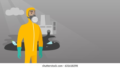 Caucasian man in mask and radiation protective suit standing on the background of nuclear power plant. Scientist wearing radiation protection suit. Vector flat design illustration. Horizontal layout.