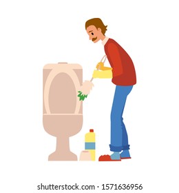 A caucasian man with a mustache is doing housework, washing and cleaning the toilet with a toilet brush. Household and housekeeping concept with man. Isolated flat vector illustration.