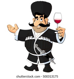 Caucasian man in national dress with a glass of wine.