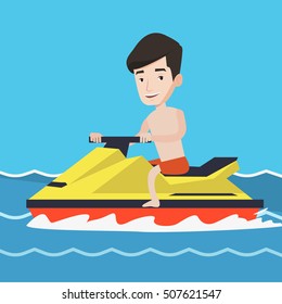 Caucasian man on jet ski in the sea at summer sunny day. Young man on a water scooter. Man riding on a water scooter. Excited man training on a jet ski. Vector flat design illustration. Square layout.