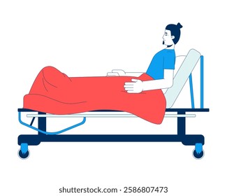 Caucasian man patient reclining on hospital bed with blanket 2D cartoon character. Hospitalization. Bedridden guy recovery in sickbed isolated person flat vector on white. Spot illustration colorful