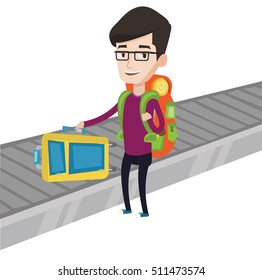 Caucasian man picking up suitcase on luggage conveyor belt. Man collecting luggage at conveyor belt. Man taking luggage at conveyor belt. Vector flat design illustration isolated on white background.